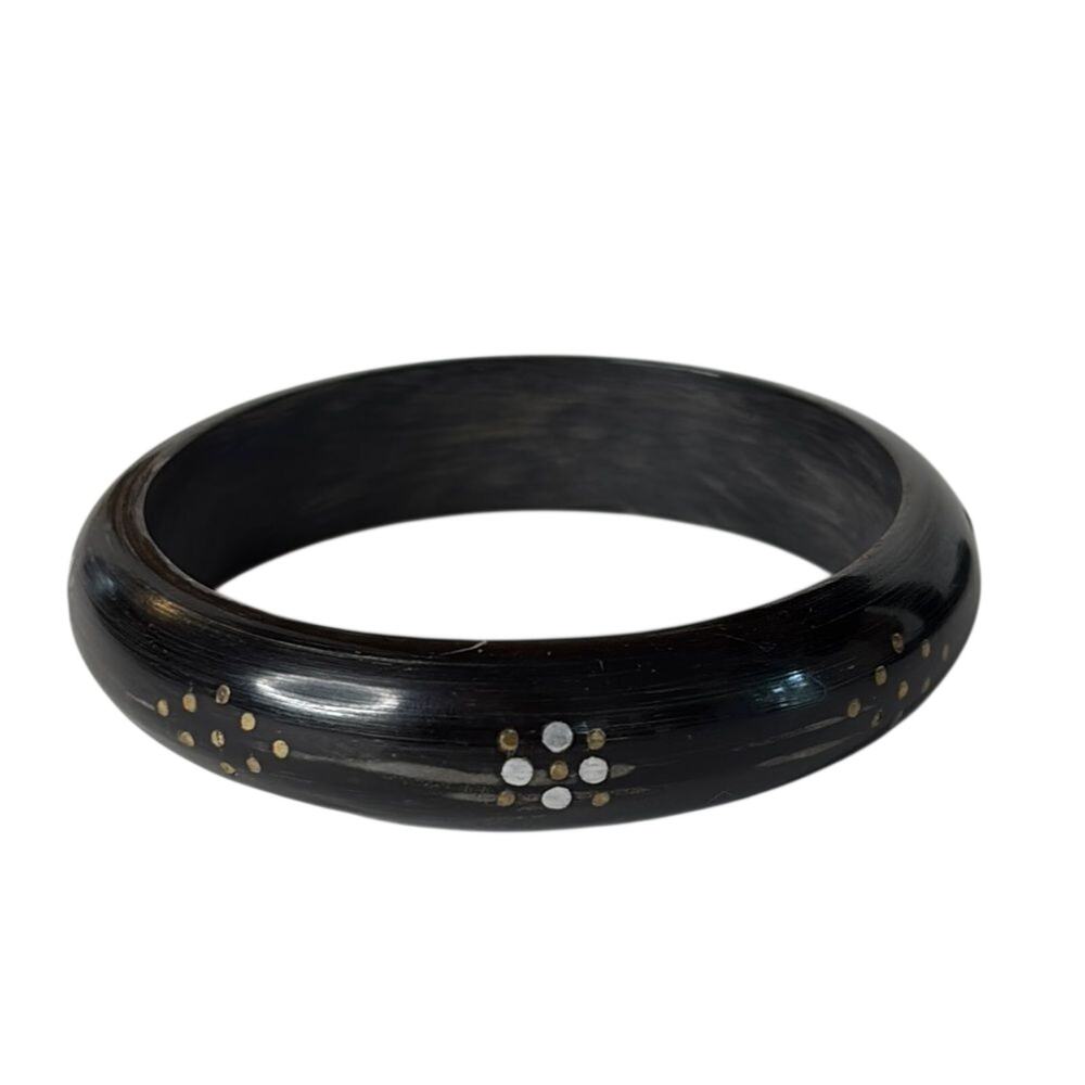 Vintage Wooden Bangle Bracelet Black Wood Silver Gold Dot Inlay Boho Minimal